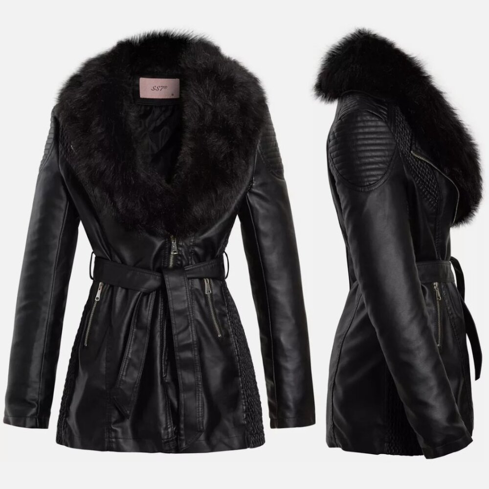 Faux fur lined leather mid trench coat